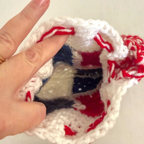 Handmade Crochet Small Shoulder Bag Granny Square Red White Blue Drawstring Tote - Picture 4 of 8